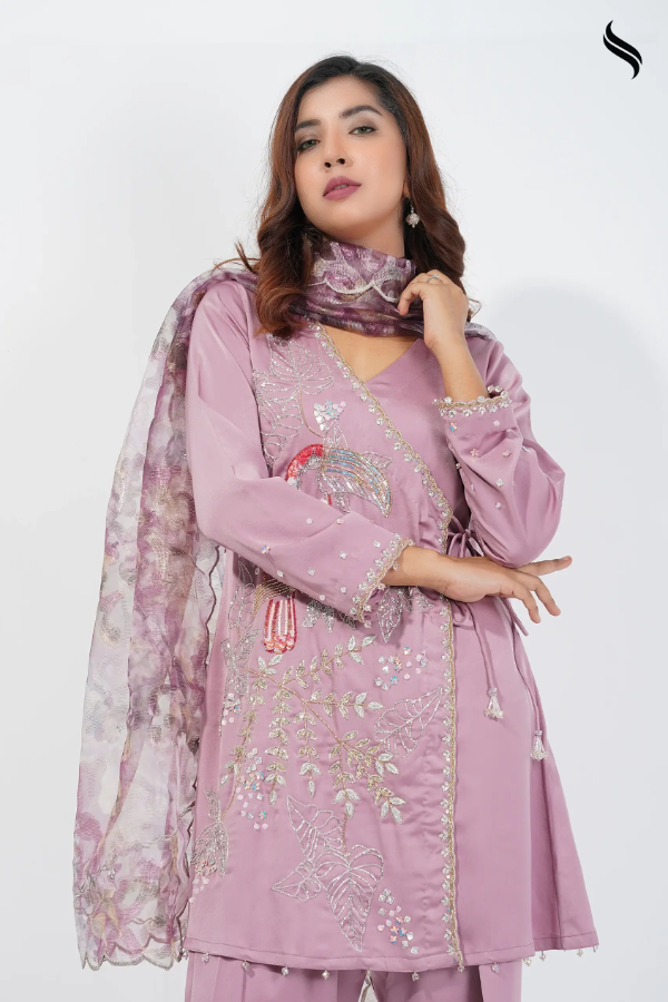 Angrakha style three piece set with tropical karchupi work (Lilac Color) 03