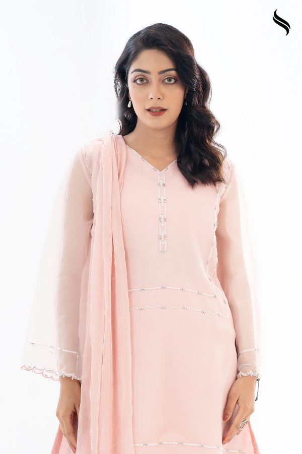 Baby Pink Karchupi Three Piece Set with Crystal & Katdana Work (Baby pink Color) 02