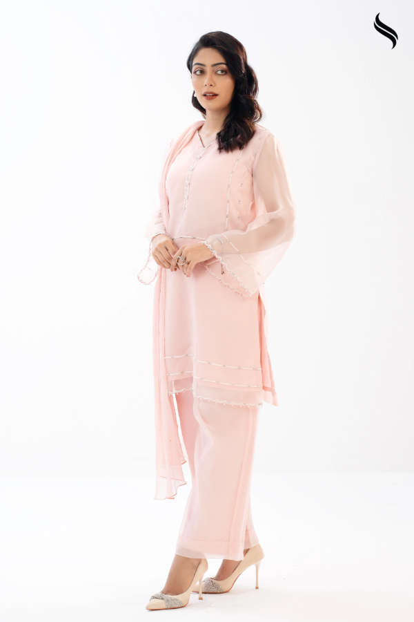 Baby Pink Karchupi Three Piece Set with Crystal & Katdana Work (Baby pink Color) 03