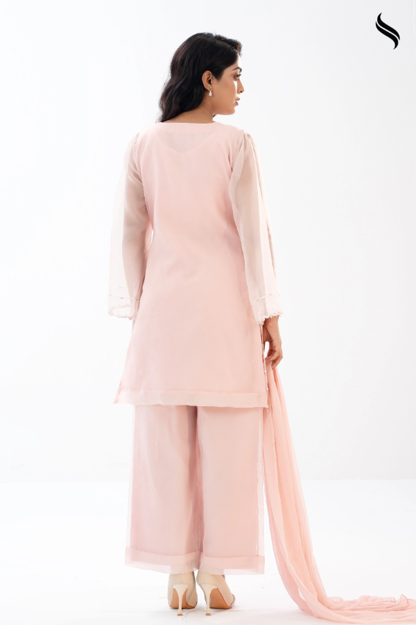 Baby Pink Karchupi Three Piece Set with Crystal & Katdana Work (Baby pink Color) 04