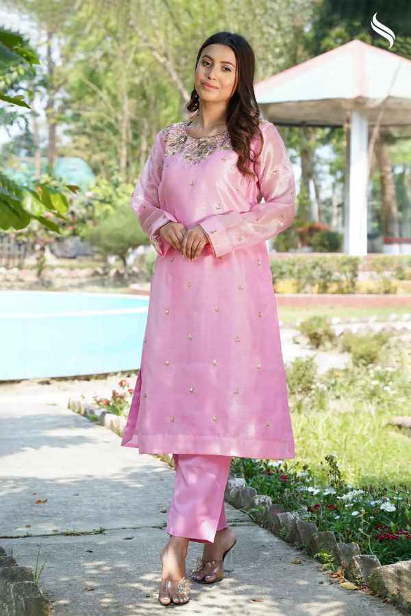 Baby Pink Organza Zardousi Two Piece Set (Baby pink Color) 02