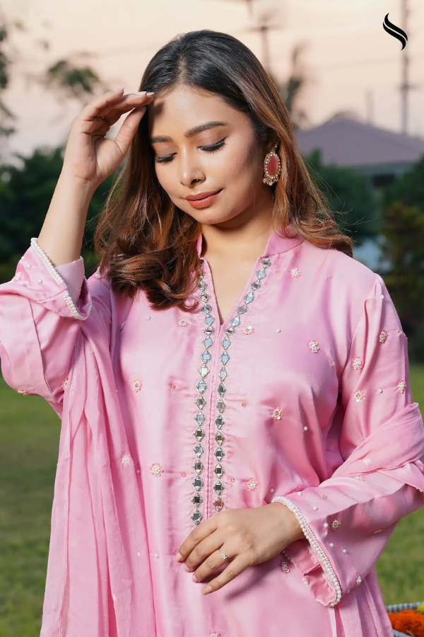Baby Pink Three Piece Set With Mirror Work Neckline (Baby pink Color) 01