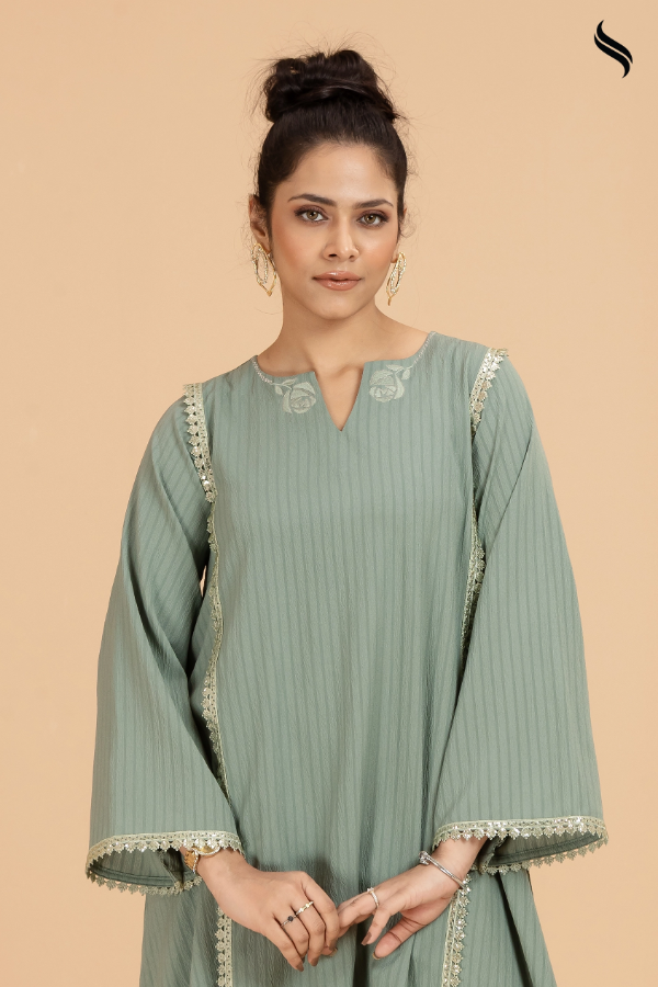 SEESHELL Women's Two Piece Blended Silk Embroidery Basil Green (Basil green Color) 02
