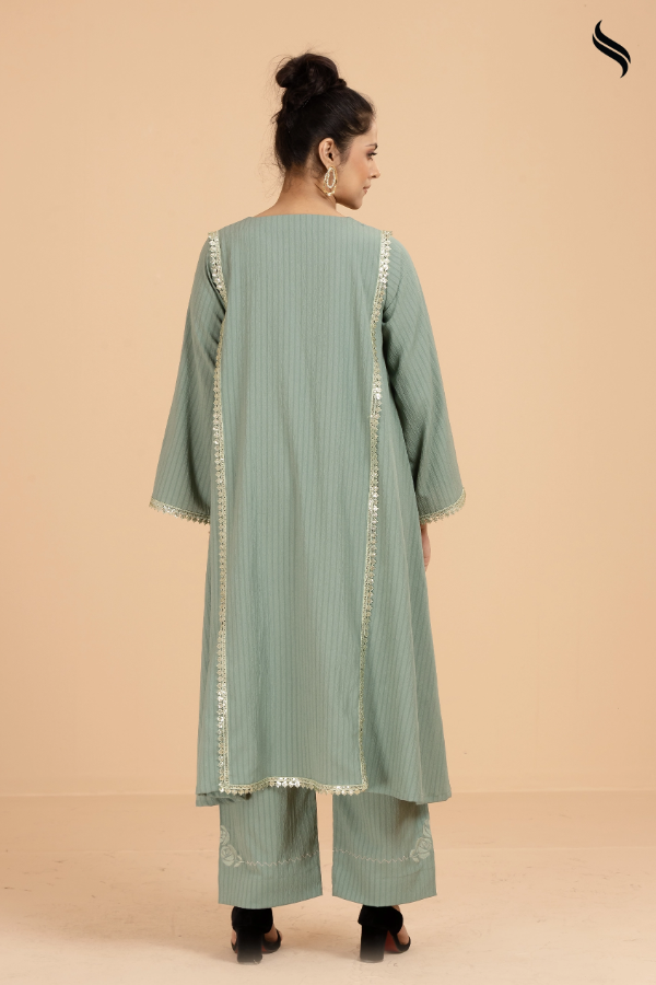 SEESHELL Women's Two Piece Blended Silk Embroidery Basil Green (Basil green Color) 03
