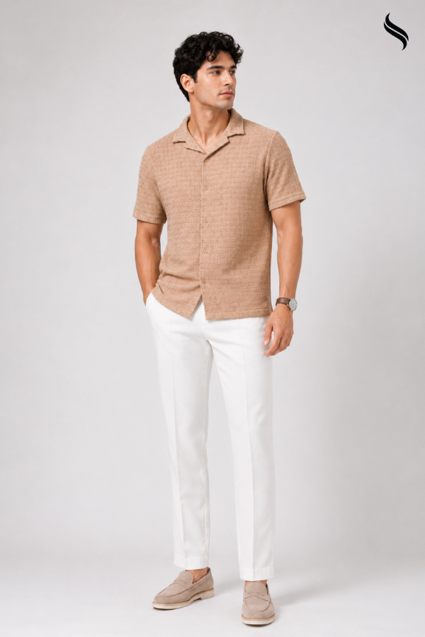 SEESHELL Men's Cuban Shirt Textured Cotton Basket Mocha
