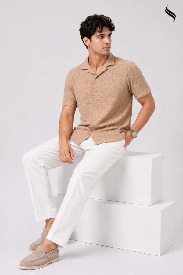 SEESHELL Men's Cuban Shirt Textured Cotton Basket Mocha (Mocha Color) 02