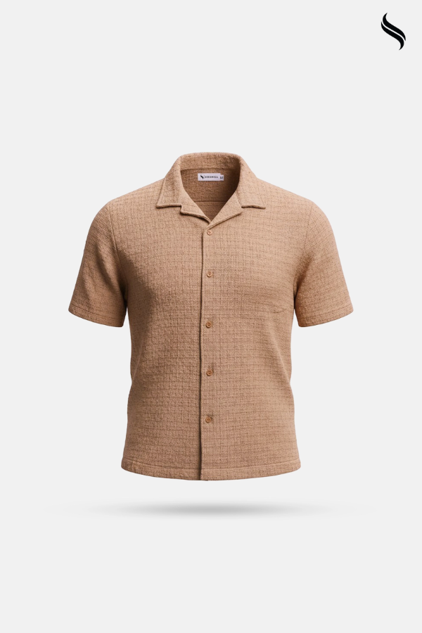 SEESHELL Men's Cuban Shirt Textured Cotton Basket Mocha (Mocha Color) 03