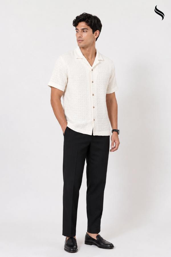 SEESHELL Men's Shirt Basket Weave Woven Cotton Off White
