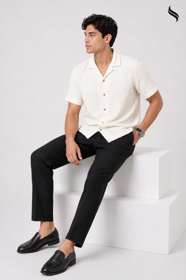 SEESHELL Men's Shirt Basket Weave Woven Cotton Off White (Off-white Color) 02