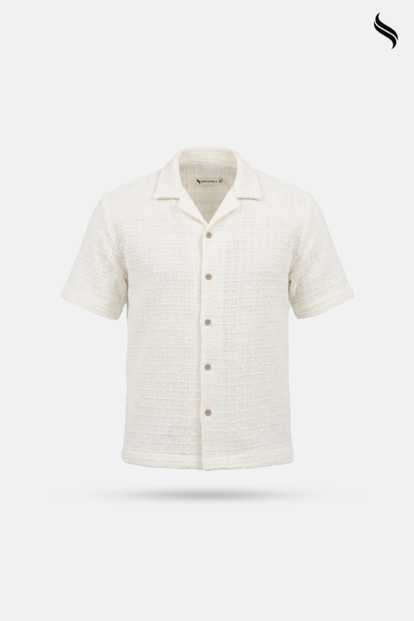 SEESHELL Men's Shirt Basket Weave Woven Cotton Off White (Off-white Color) 03