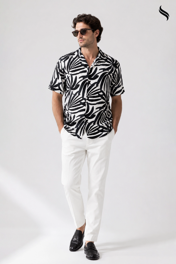 SEESHELL Men's Cuban Shirt Viscose Cotton Print Beige Black