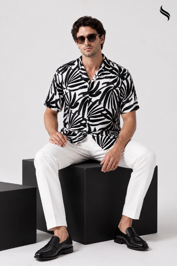 SEESHELL Men's Cuban Shirt Viscose Cotton Print Beige Black (Beige- Black Color) 02