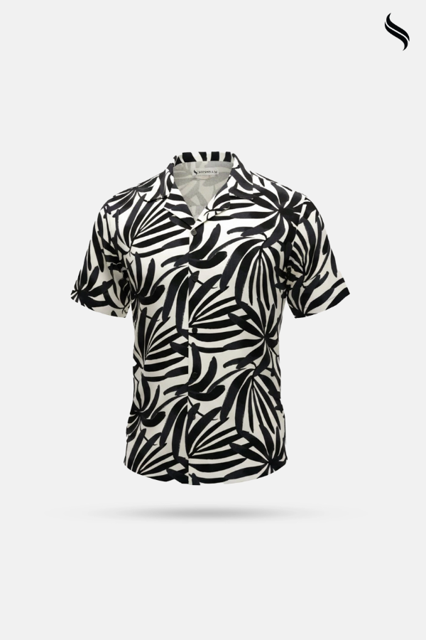 SEESHELL Men's Cuban Shirt Viscose Cotton Print Beige Black (Beige- Black Color) 03