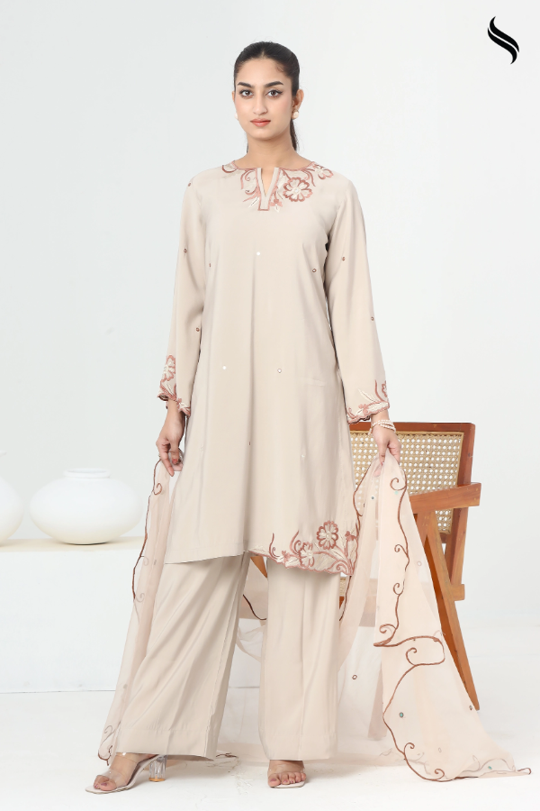 SEESHELL Women's Three Piece Silk Embroidery Muslin Beige