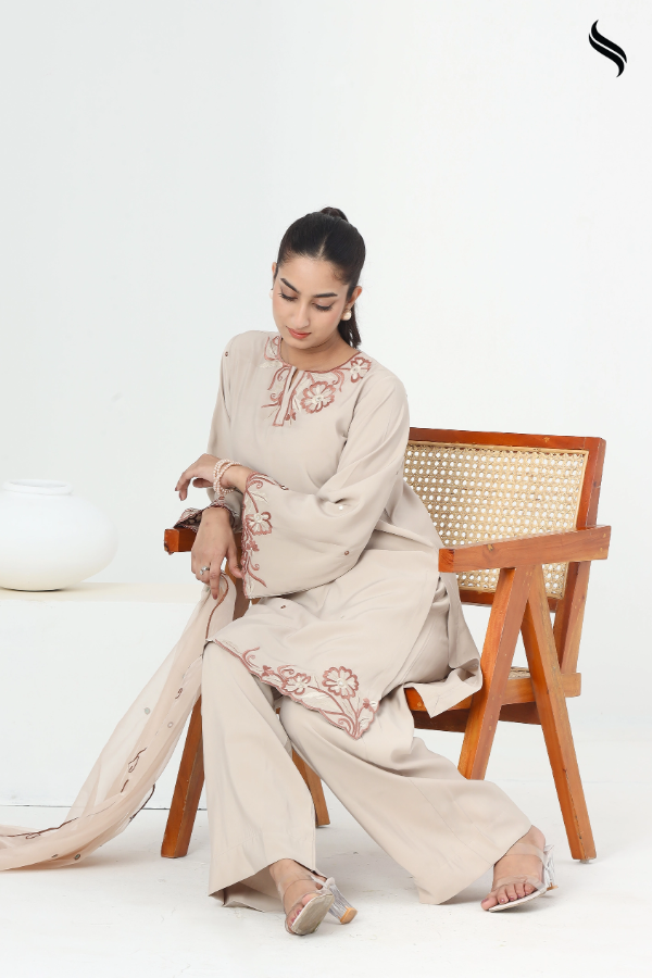 SEESHELL Women's Three Piece Silk Embroidery Muslin Beige (Beige Color) 02