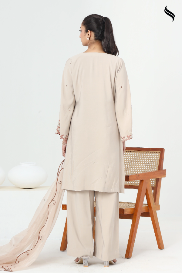 SEESHELL Women's Three Piece Silk Embroidery Muslin Beige (Beige Color) 03