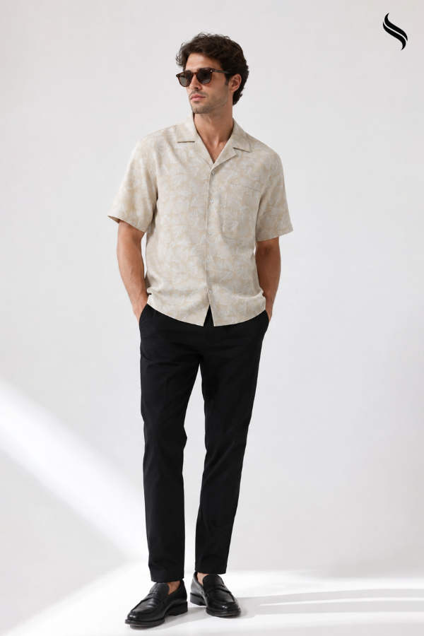 SEESHELL Men's Cuban Shirt Viscose Cotton Print Beige White
