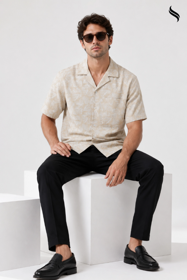 SEESHELL Men's Cuban Shirt Viscose Cotton Print Beige White (Beige- White Color) 02
