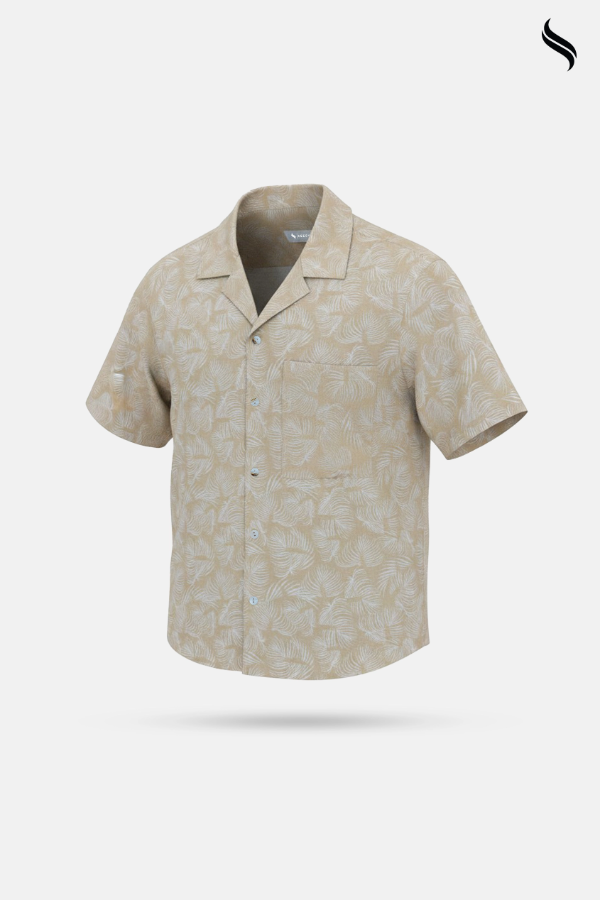 SEESHELL Men's Cuban Shirt Viscose Cotton Print Beige White (Beige- White Color) 03