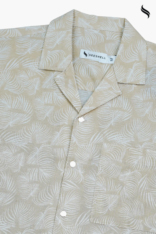 SEESHELL Men's Cuban Shirt Viscose Cotton Print Beige White (Beige- White Color) 05