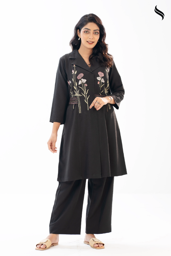 SEESHELL Women's Co Ord Blended Silk Floral Embroidery Black