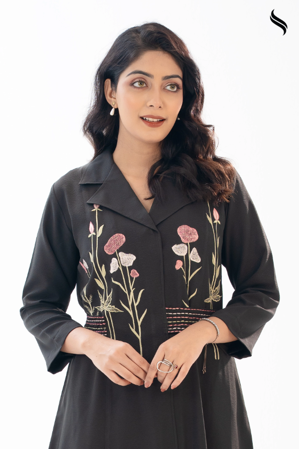SEESHELL Women's Co Ord Blended Silk Floral Embroidery Black (Black Color) 02
