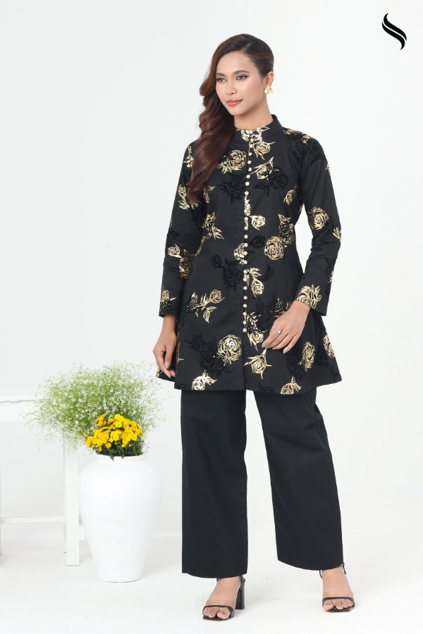 SEESHELL Women's Co-Ord Gold Foil Print Cotton Black