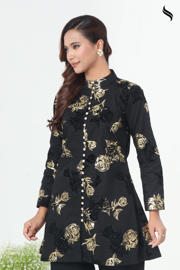 SEESHELL Women's Co-Ord Gold Foil Print Cotton Black (Black Color) 02