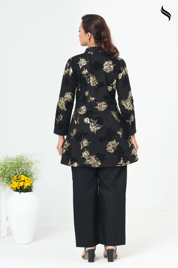 SEESHELL Women's Co-Ord Gold Foil Print Cotton Black (Black Color) 03