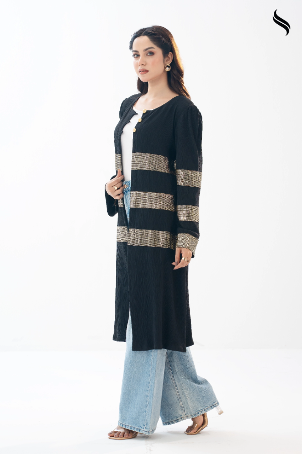 Black Crushed Viscous Outerwear with Gold Accents 1 Piece (Black & Gold Color) 02