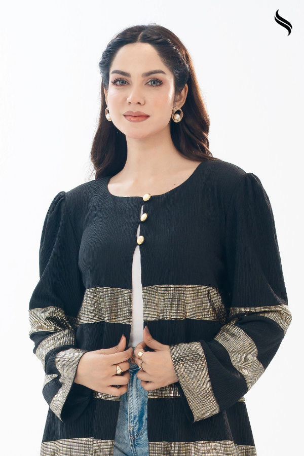 Black Crushed Viscous Outerwear with Gold Accents 1 Piece (Black & Gold Color) 03