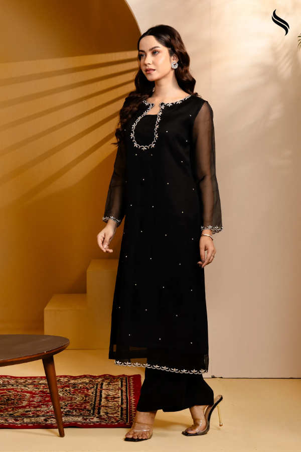 Black Karchupi 2 Piece Set with Neck and Border Work (Black Color) 02