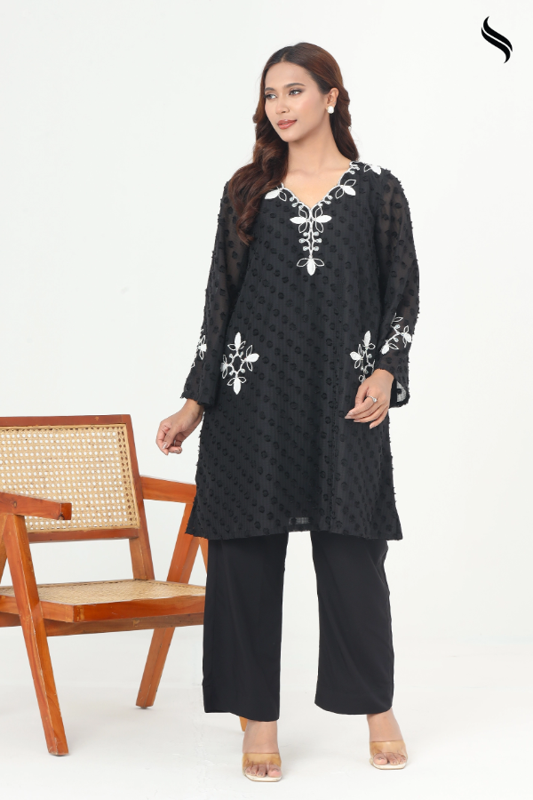 SEESHELL Women's Two Piece Polka Dot Embossed Georgette Black