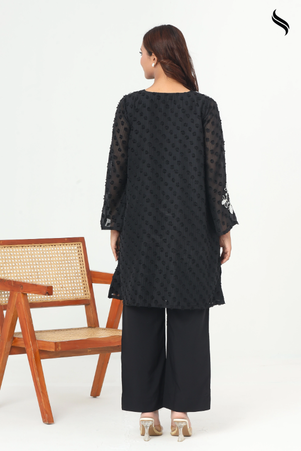 SEESHELL Women's Two Piece Polka Dot Embossed Georgette Black (Black Color) 03