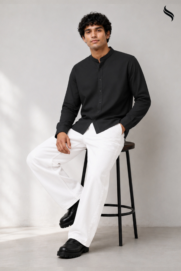 SEESHELL Men's Shirt Full Sleeve Premium Cotton Black (Black Color) 02