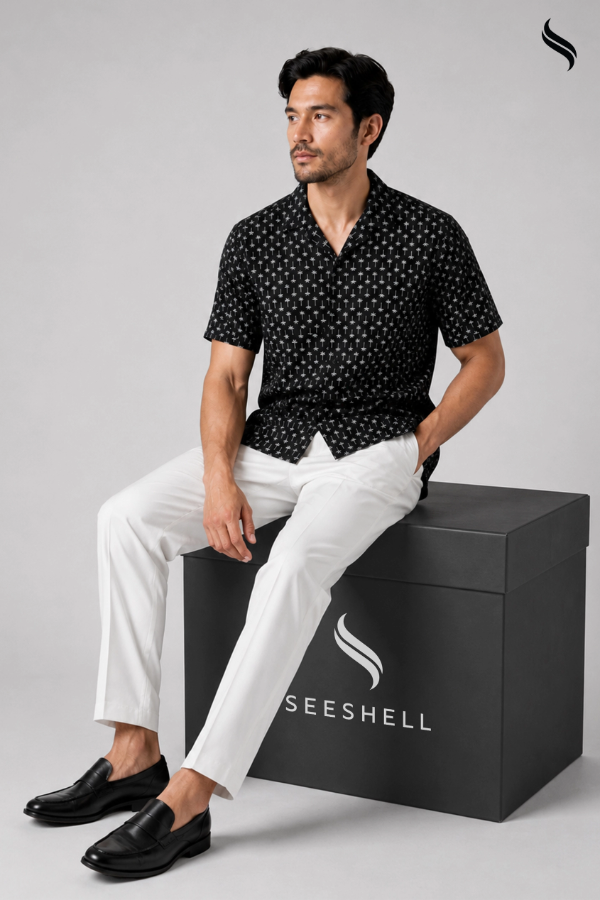 SEESHELL Men's Cuban Shirt Blended Cotton Spandex Black White (Black Color) 02