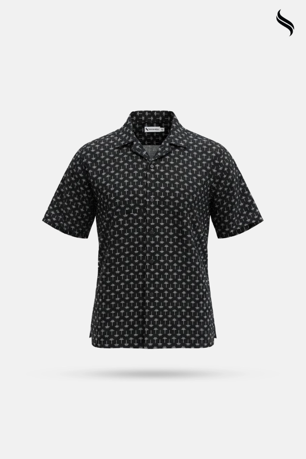 SEESHELL Men's Cuban Shirt Blended Cotton Spandex Black White (Black Color) 03