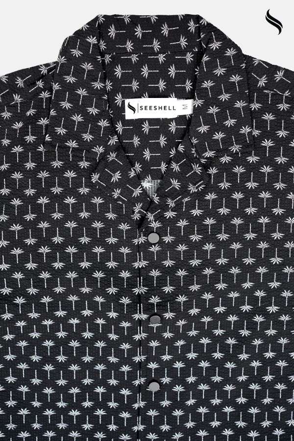SEESHELL Men's Cuban Shirt Blended Cotton Spandex Black White (Black Color) 04