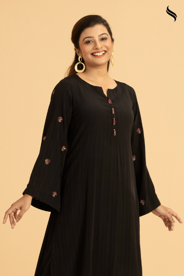 SEESHELL Women's Two Piece Blended Silk Zardosi Black (Black Color) 02