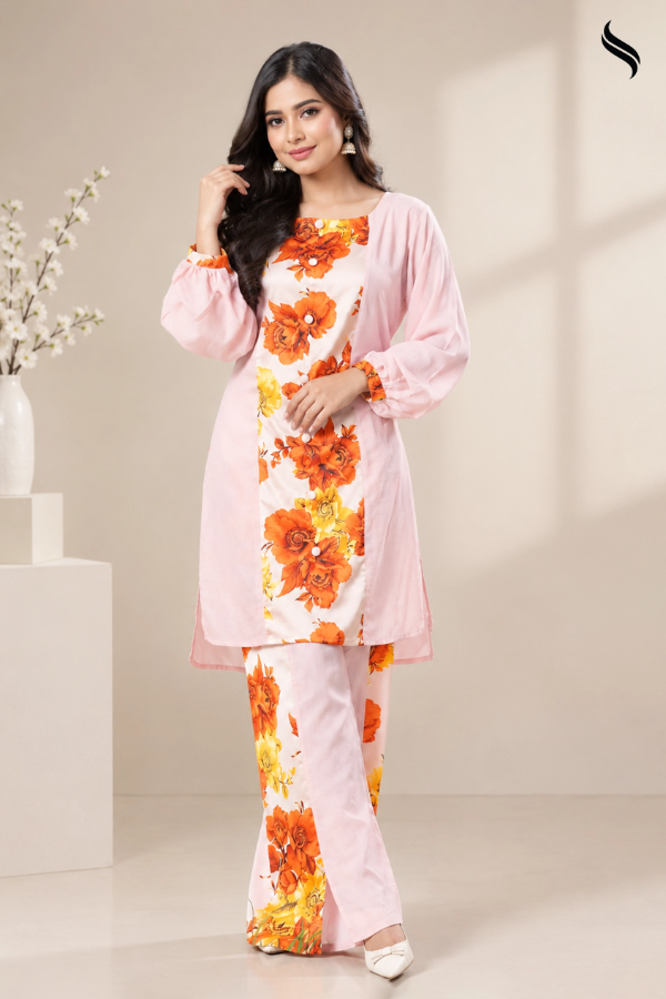 Blooming Pink Patterns Co-ord Set (Peach print Color) 02