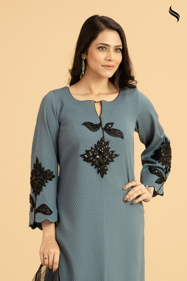 SEESHELL Women's Three Piece Farsi Lace Applique Blue Grey (Blue Grey Color) 02