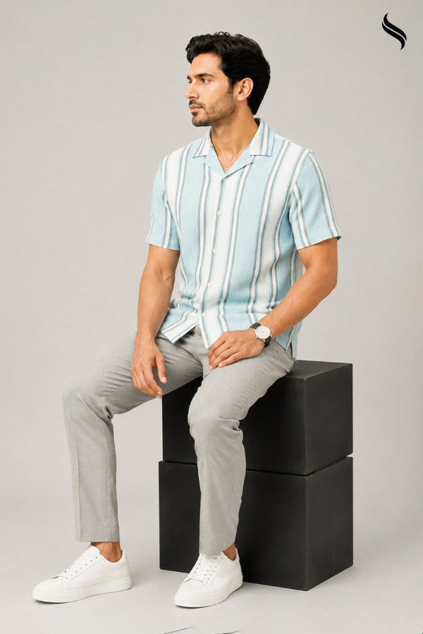 SEESHELL Men's Cuban Shirt Remi Cotton Sky Blue Stripe (Sky Blue Stripe Color) 02