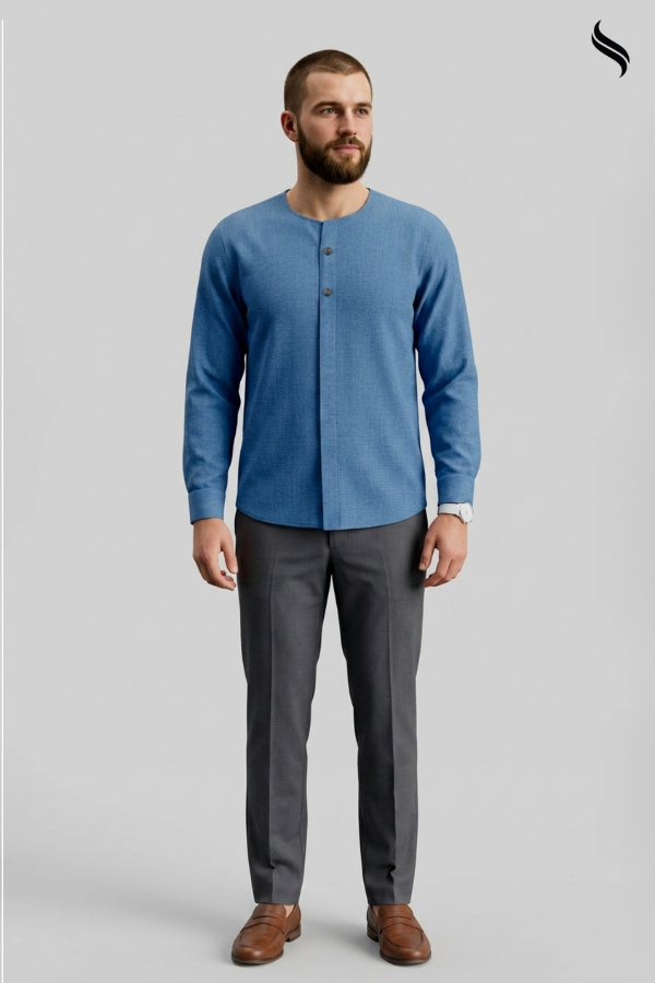SEESHELL Men's Long Sleeve Shirt Tensile Round Neck Blue