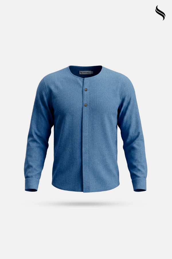 SEESHELL Men's Long Sleeve Shirt Tensile Round Neck Blue (Blue Color) 02