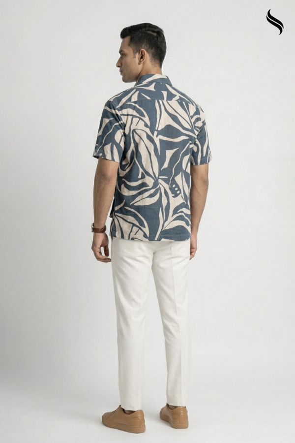 SEESHELL Men's Shacket Soft Cotton Blue White Print (White and blue Color) 04