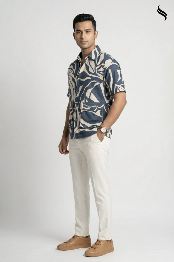 SEESHELL Men's Shacket Soft Cotton Blue White Print (White and blue Color) 01