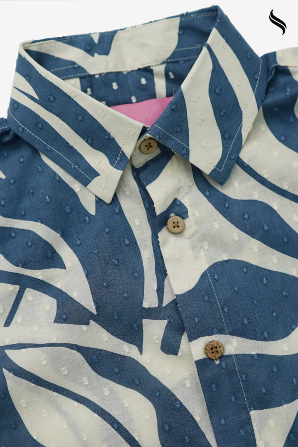 SEESHELL Men's Shacket Soft Cotton Blue White Print (White and blue Color) 02