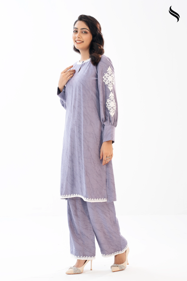SEESHELL Women's Co Ord Blended Silk Applique Blueish Grey (Blueish Grey Color) 02