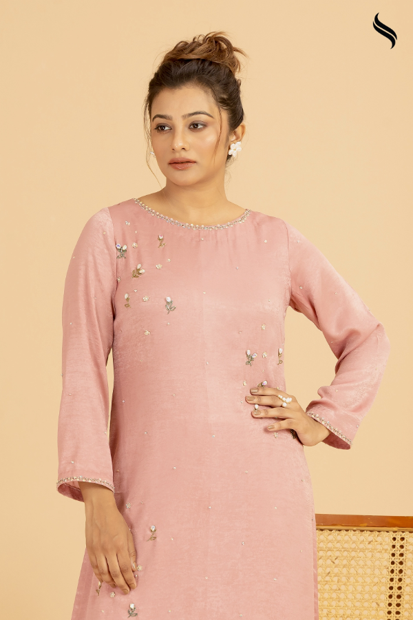 SEESHELL Women's Two Piece Silk Tambour Stonework Blush Pink (Blush Pink Color) 02