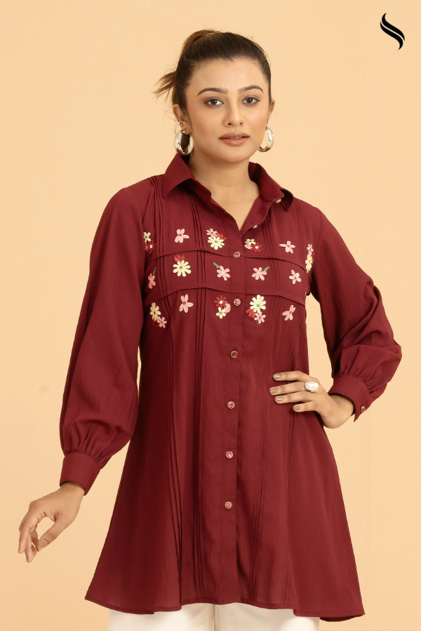 SEESHELL Women's Top Silk Blend Lace Applique Burgundy (Burgundy Color) 02